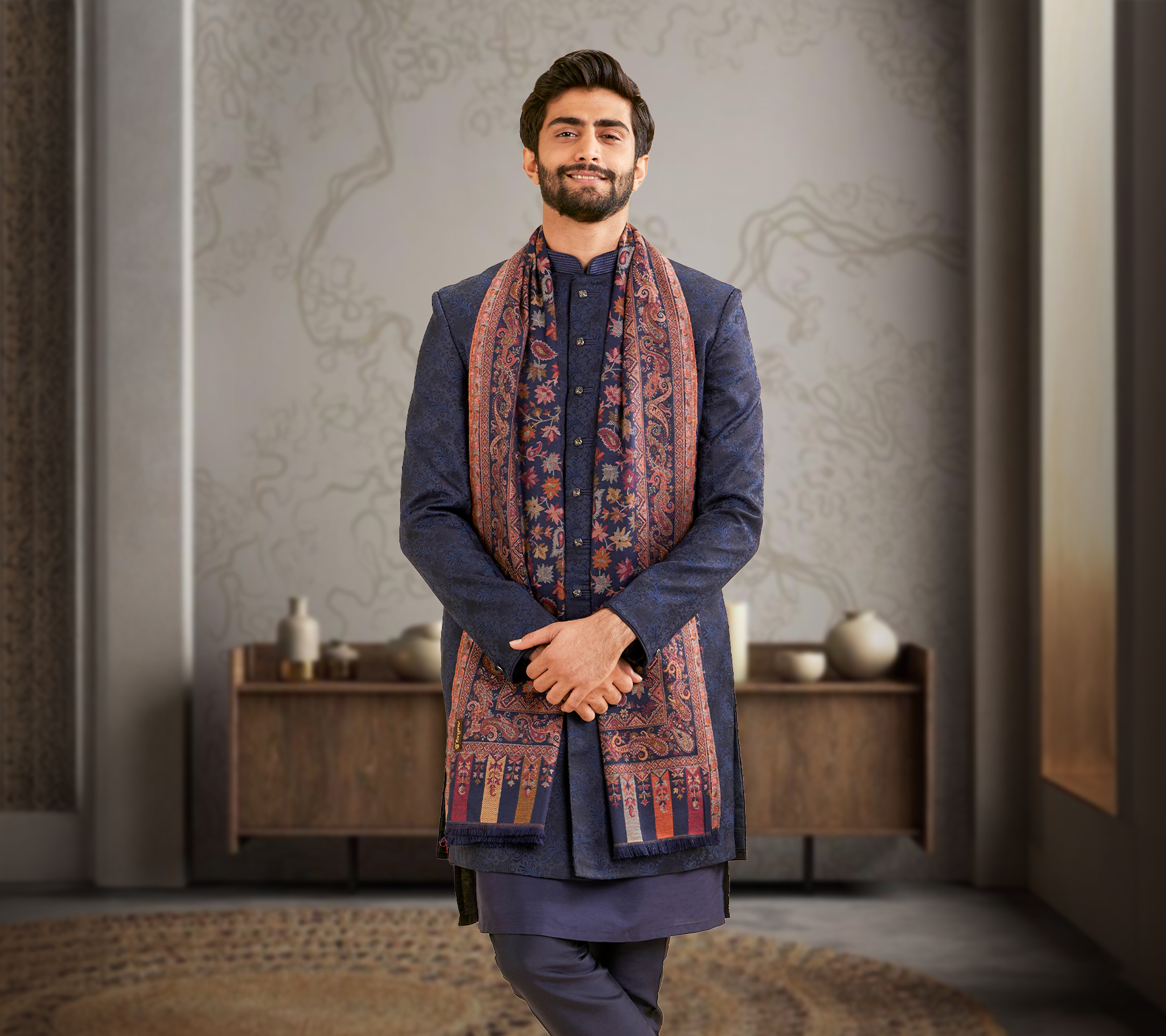 Layering Cotton Sherwani For Grooms With Dapper Shawls