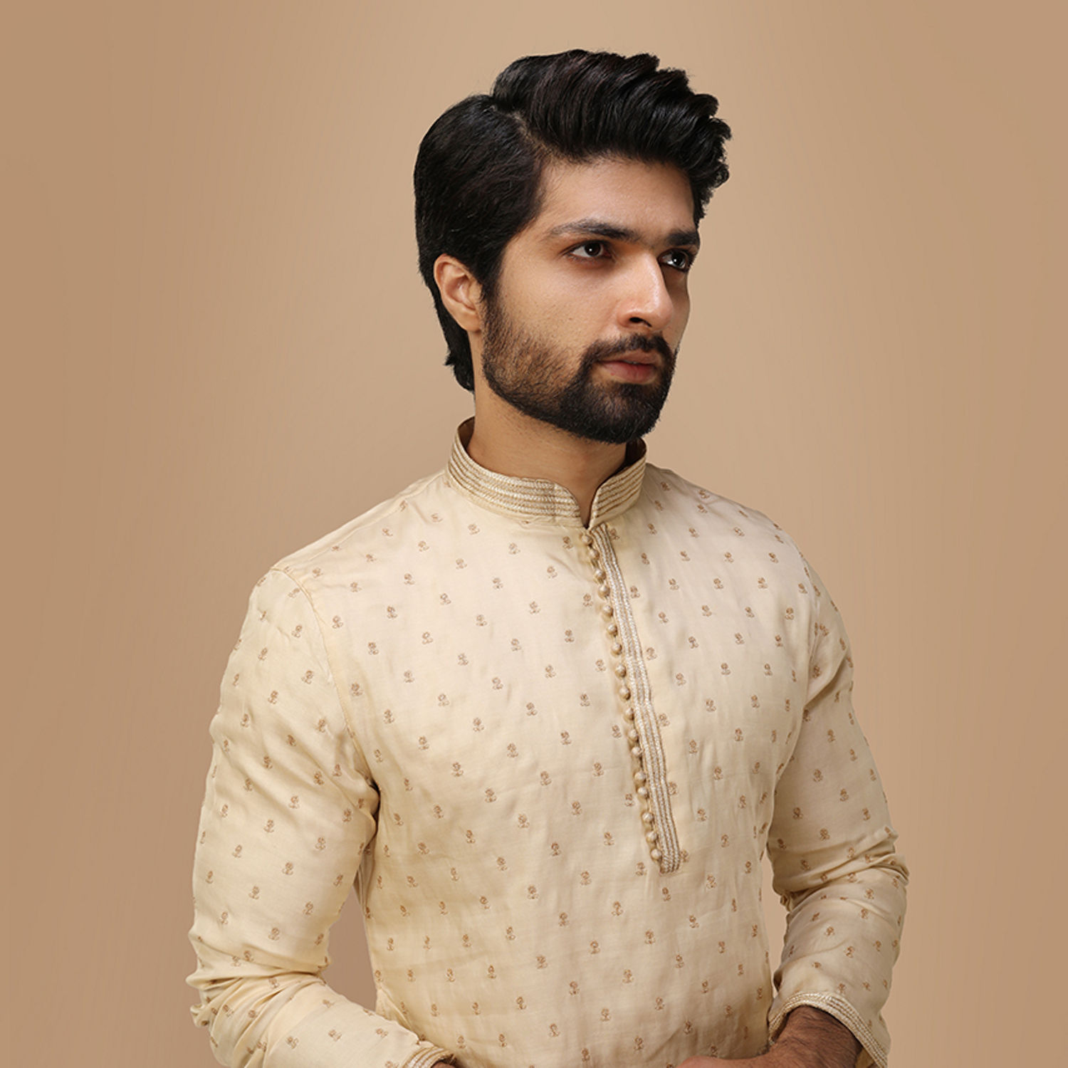 Buy Beige Self Motif Kurta Set Online in India @Manyavar - Kurta Pajama ...