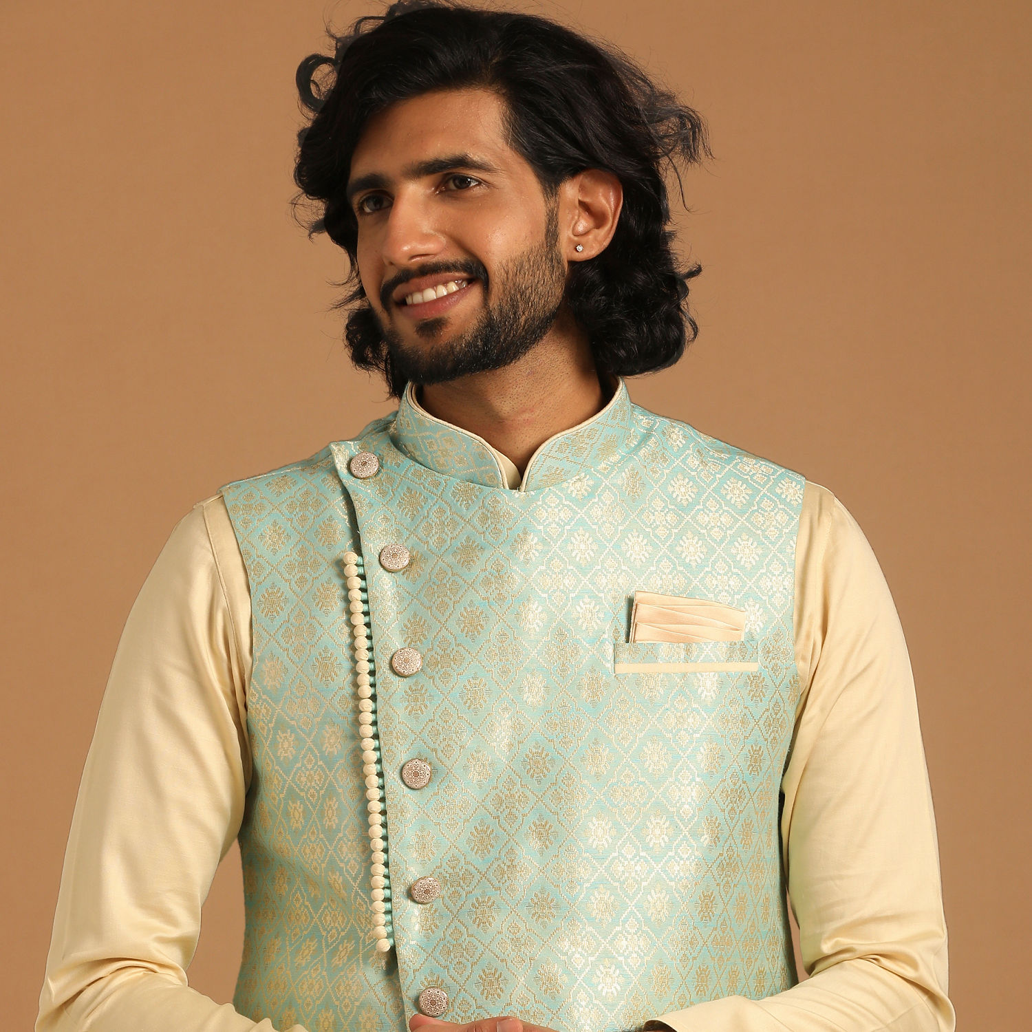 Kurta Jacket Set for Men - Buy Powder Blue And Beige Kurta Jacket Set ...