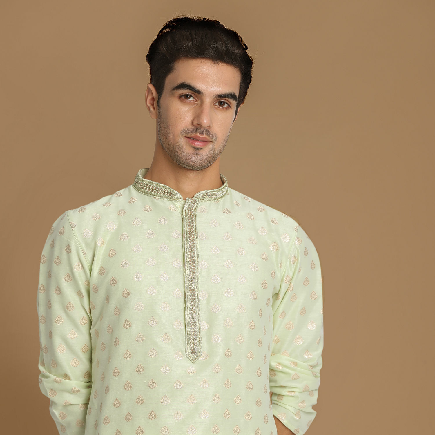 Kurta Pajama for Men - Buy Pastel Green Self Leaf Motif Kurta Set ...