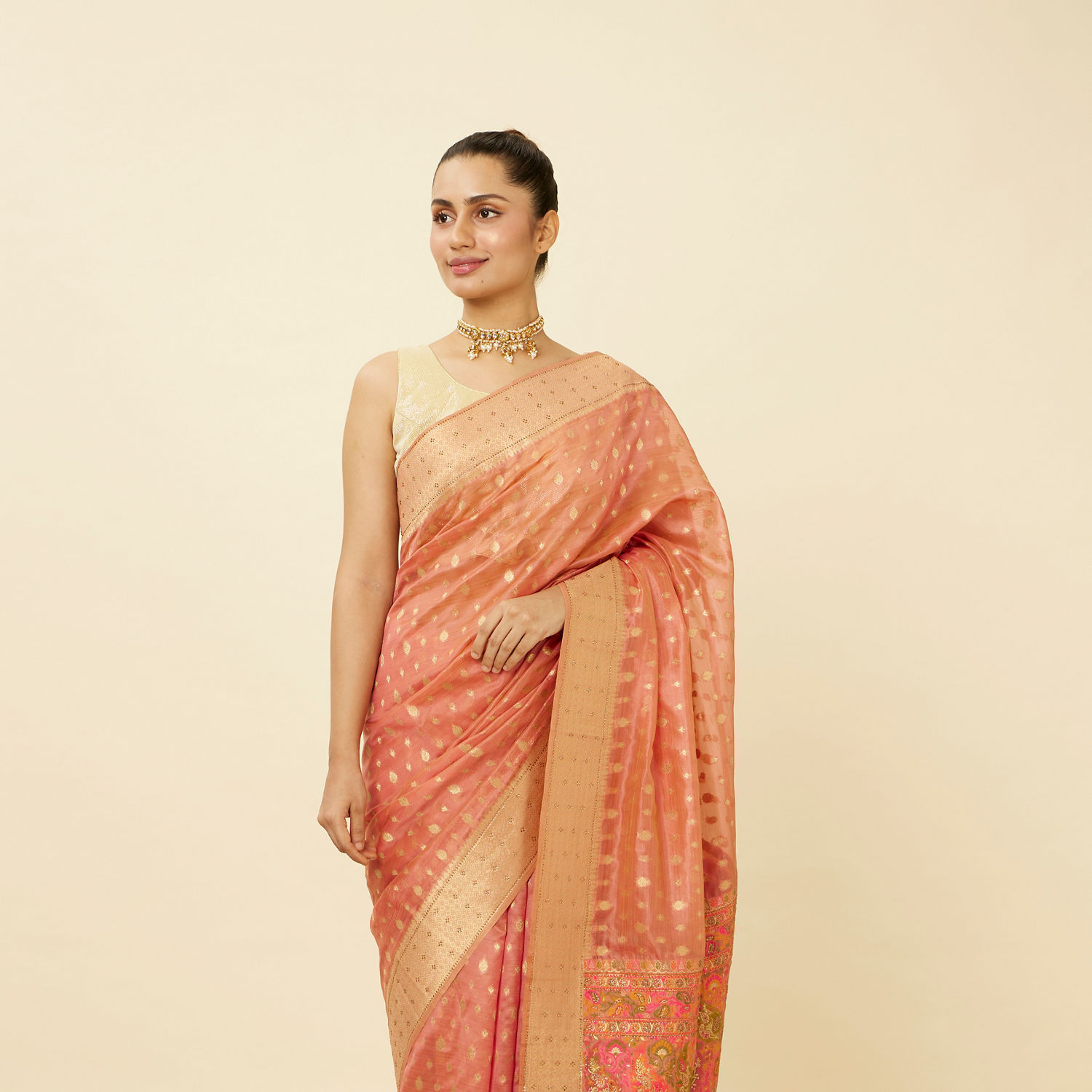 Buy Hot Pink Zari Work Saree Online in India @Mohey - Saree for Women