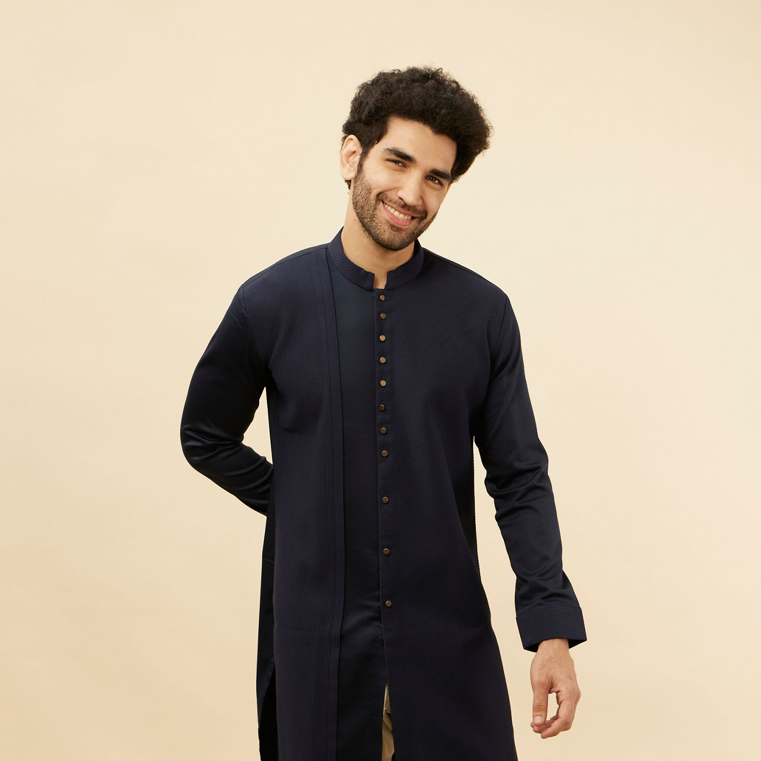 Buy Navy Blue Textured Kurta Online in India @Manyavar - Kurta for Men