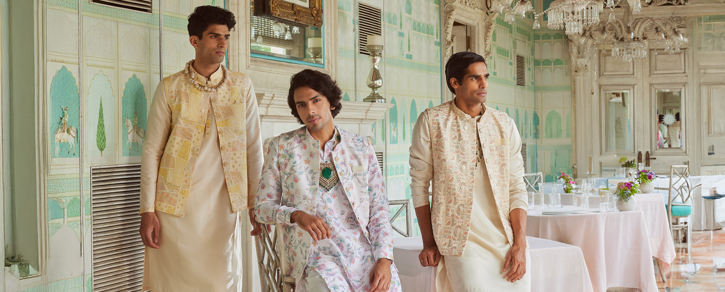 Mens wearing different colour kurta with pattern jacket on it for wordrobe