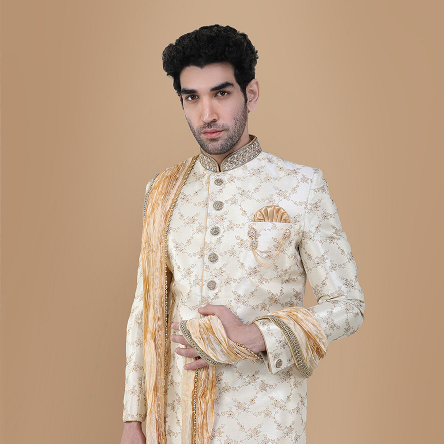 Buy Luminous Biscuit Beige Sherwani Online in India @Manyavar ...