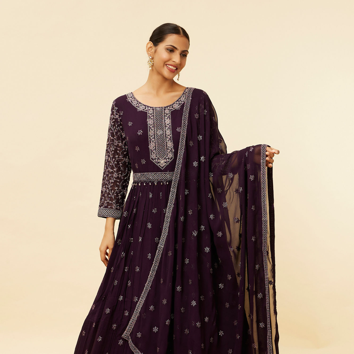 Buy Wine Sequin Embroidered Anarkali Suit Online in India @Mohey - Indo ...