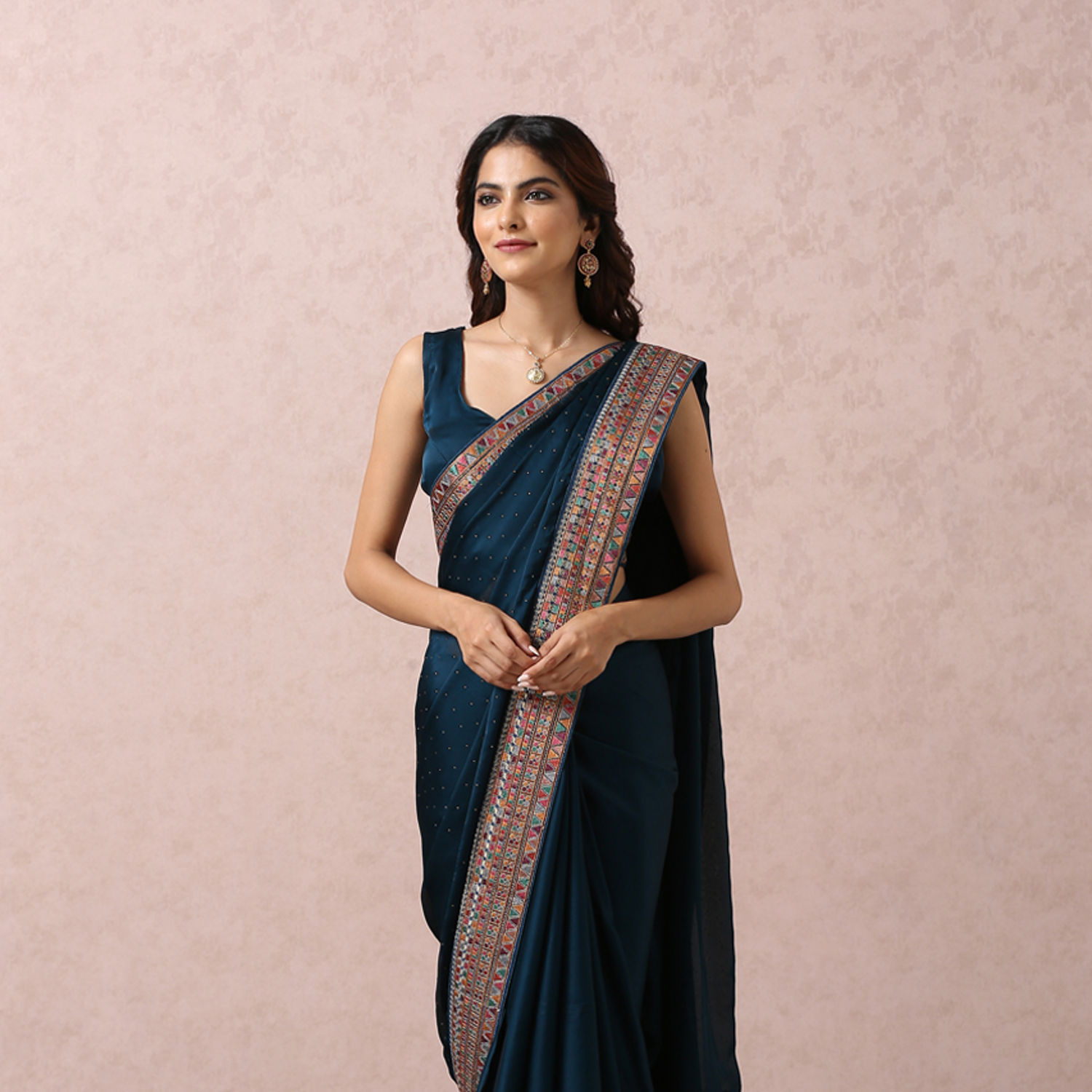 Buy Navy Blue Zari Weaved Saree Online in the UK @Mohey - Saree for Women