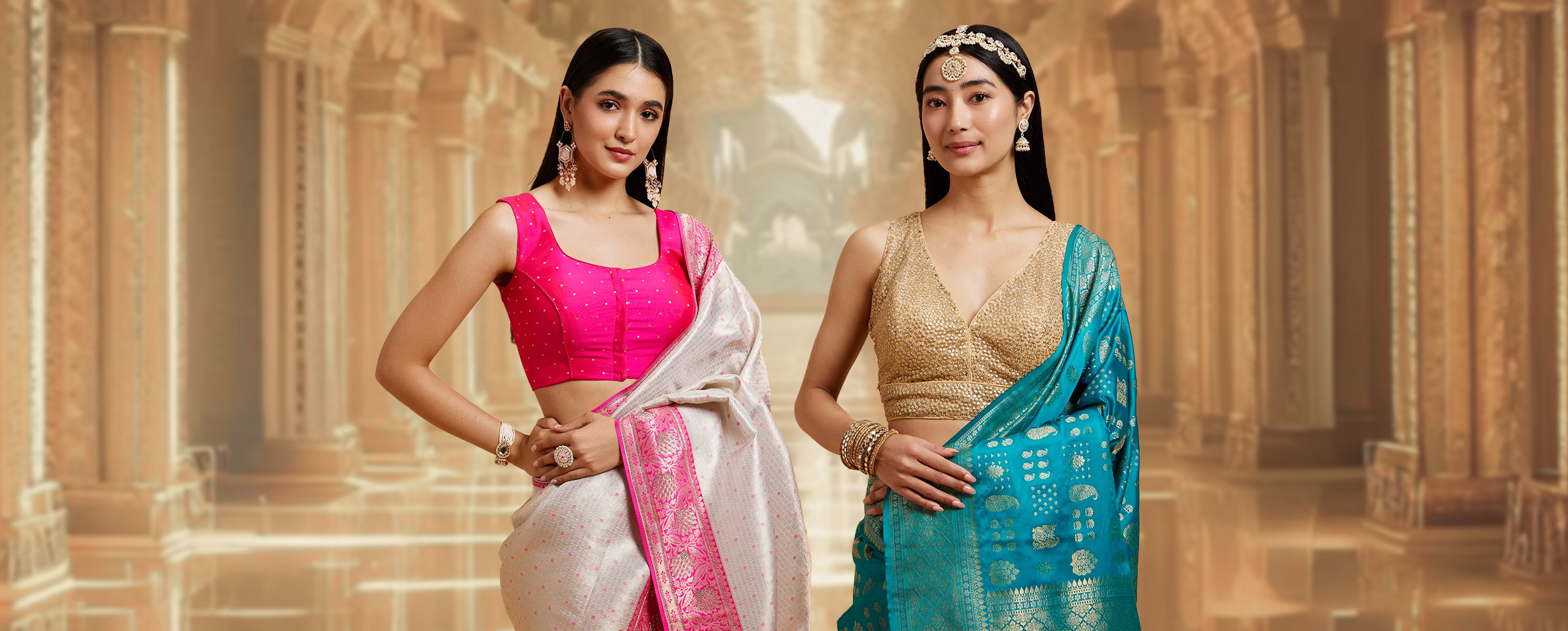 legant women showcasing stunning wedding blouse designs—one in a white saree with a pink blouse and another in a blue saree with a gold blouse