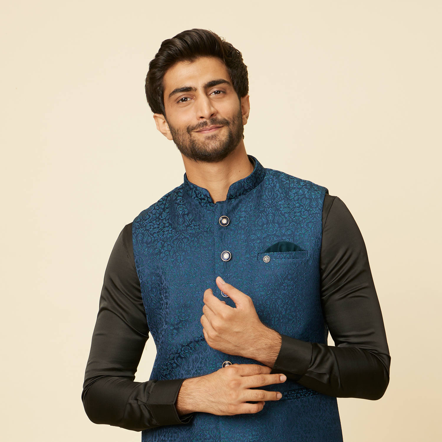 Buy Teal Blue Medallion Patterned Nehru Jacket Online in India ...