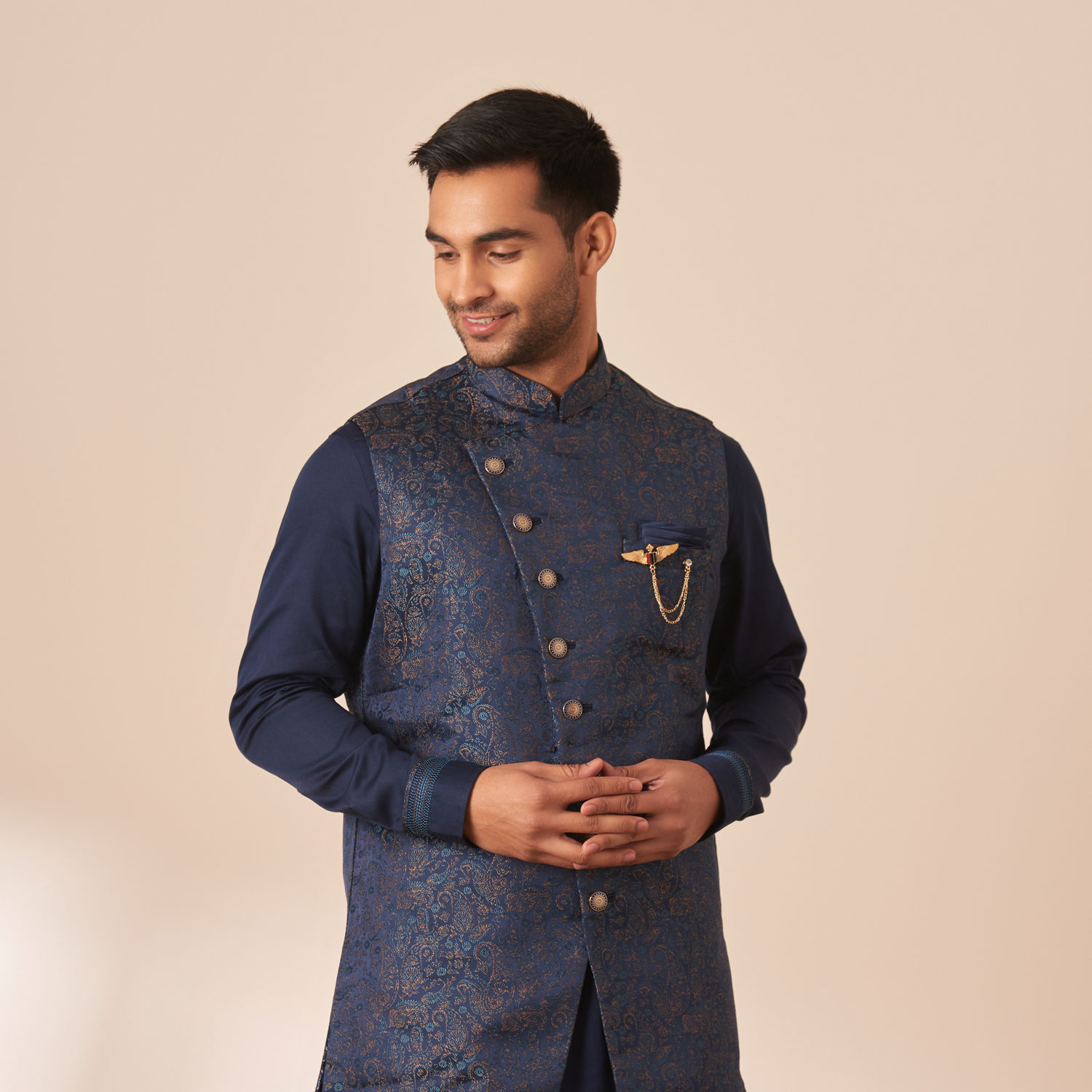Buy Sapphire Blue Paisley Kurta Jacket Set Online in India @Manyavar ...