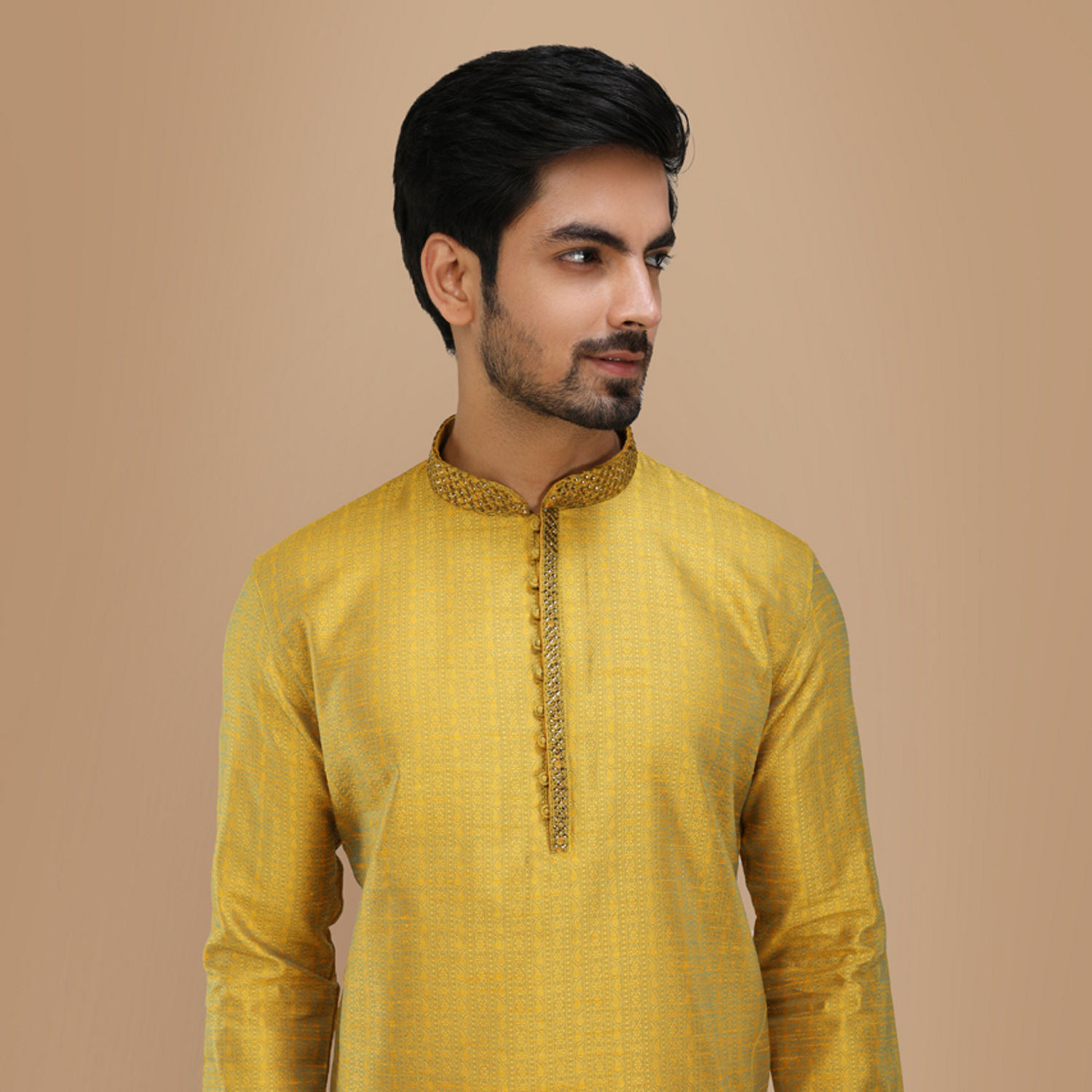 Buy Golden Yellow Self Design Kurta Set Online in India @Manyavar ...