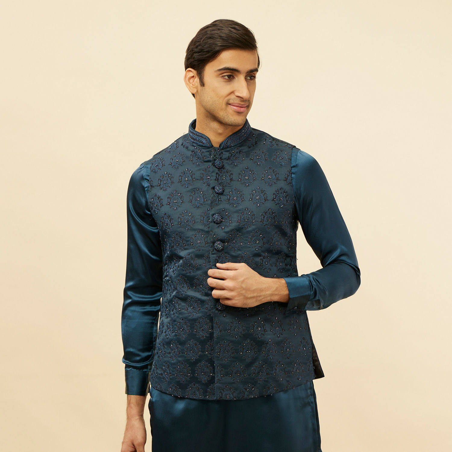 Buy Imperial Blue Jhallar Motif Kurta Jacket Set Online In India 