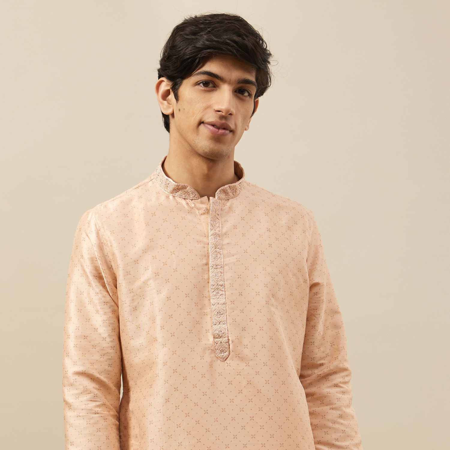 Buy Cream Pink Floral Grid Printed Kurta Set Online in the USA ...