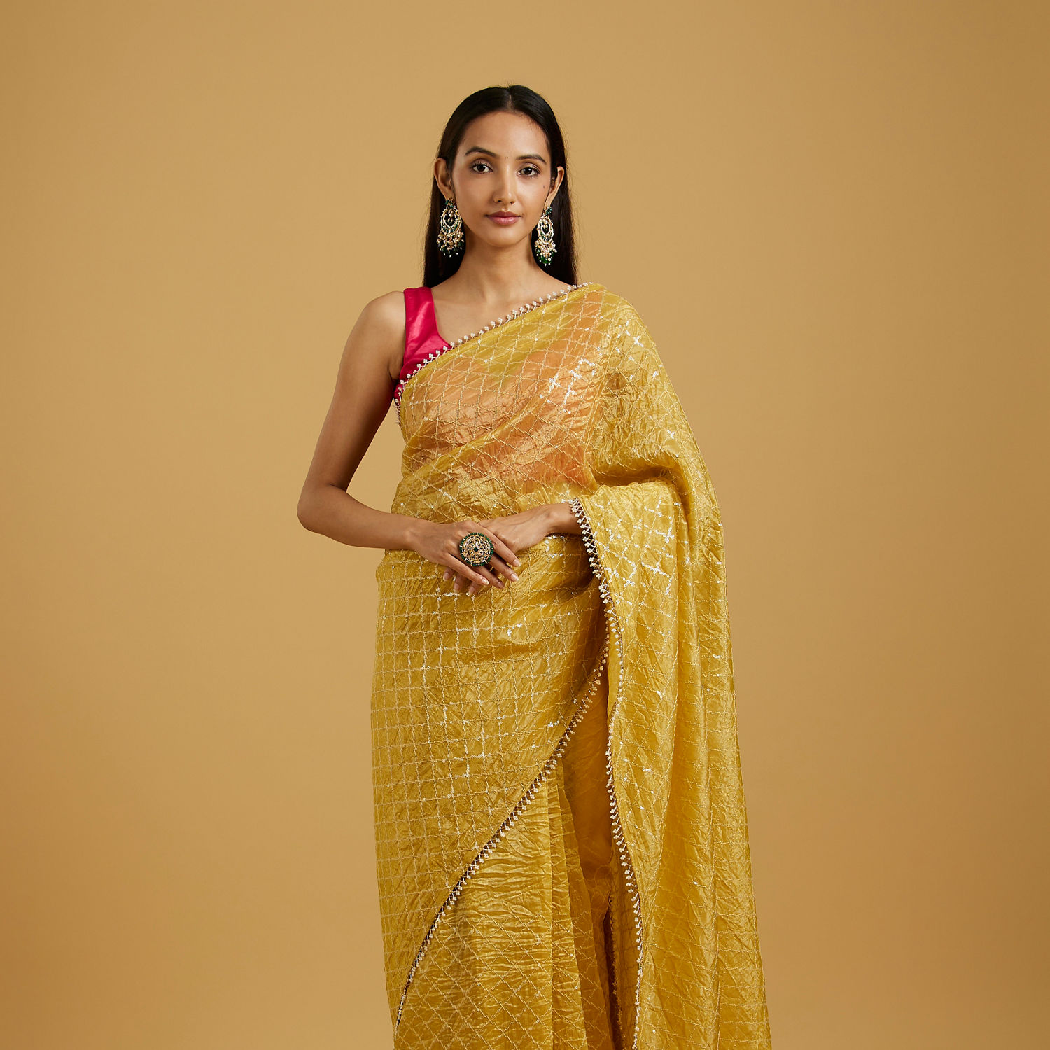 Yellow - hot Orange Sequins Buta Saree