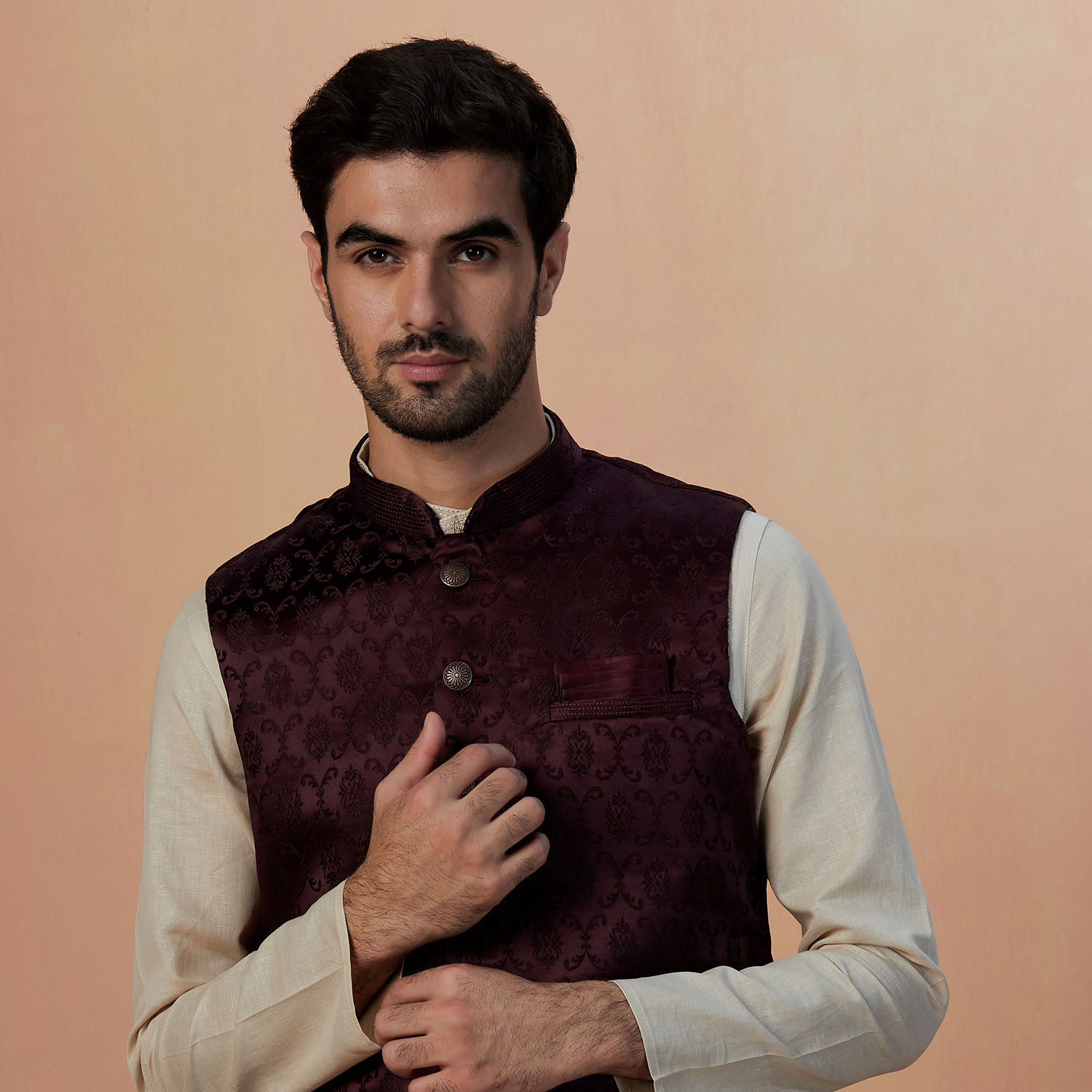 Buy Light Wine Patterned Jacket Online in India @Manyavar - Nehru Jacket  for Men