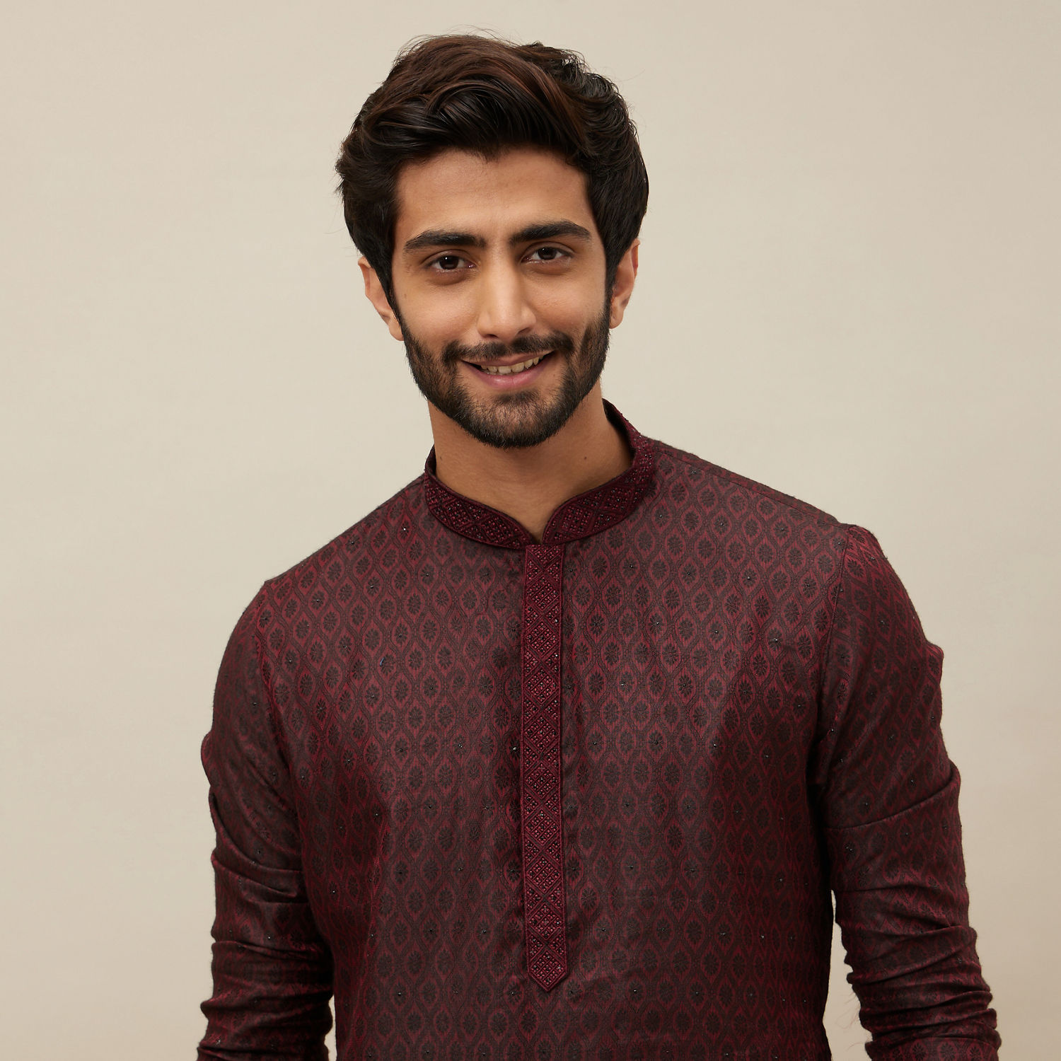 Buy Maroon Ogee Patterned Kurta Set Online in the USA @Manyavar - Kurta ...