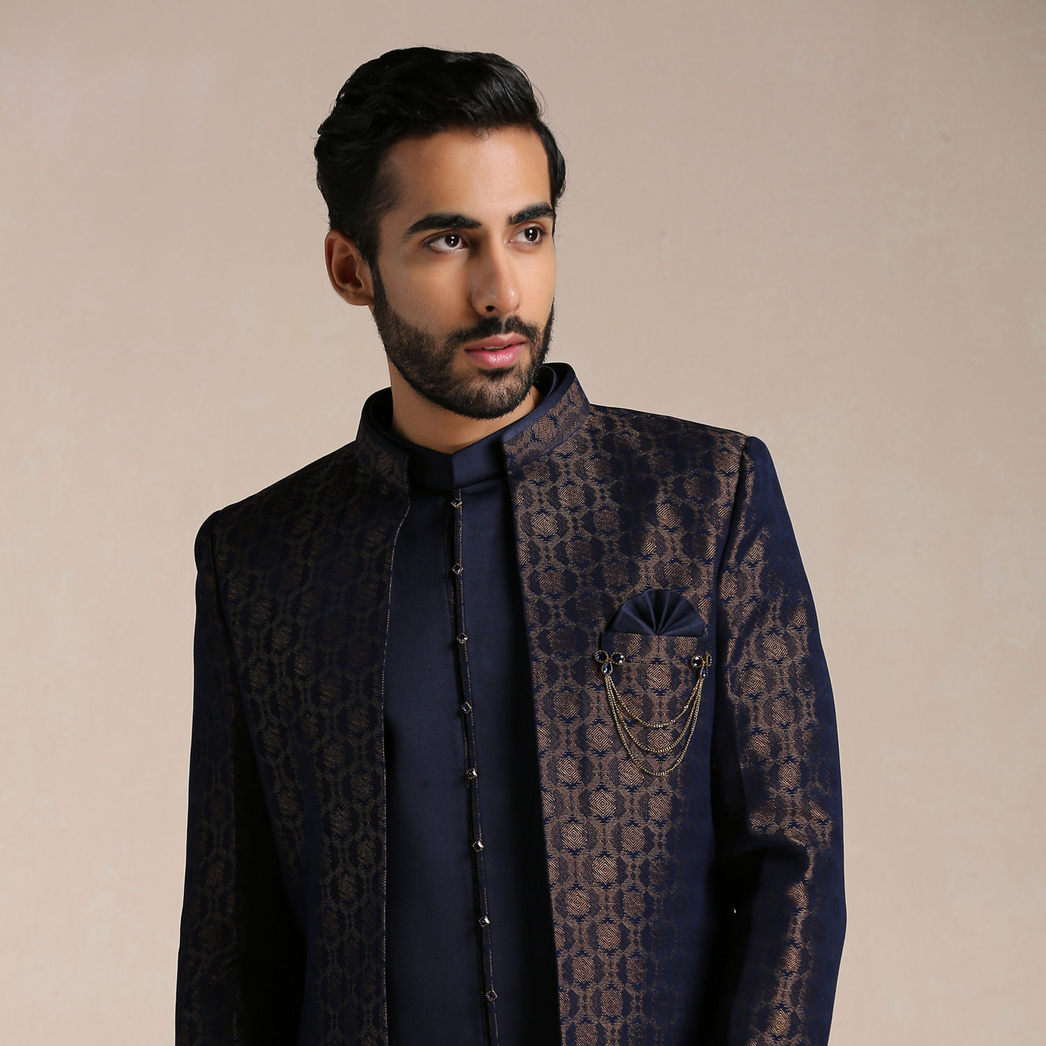 Indo Western for Men - Buy Navy Blue Self Patterned Indo Western Set ...