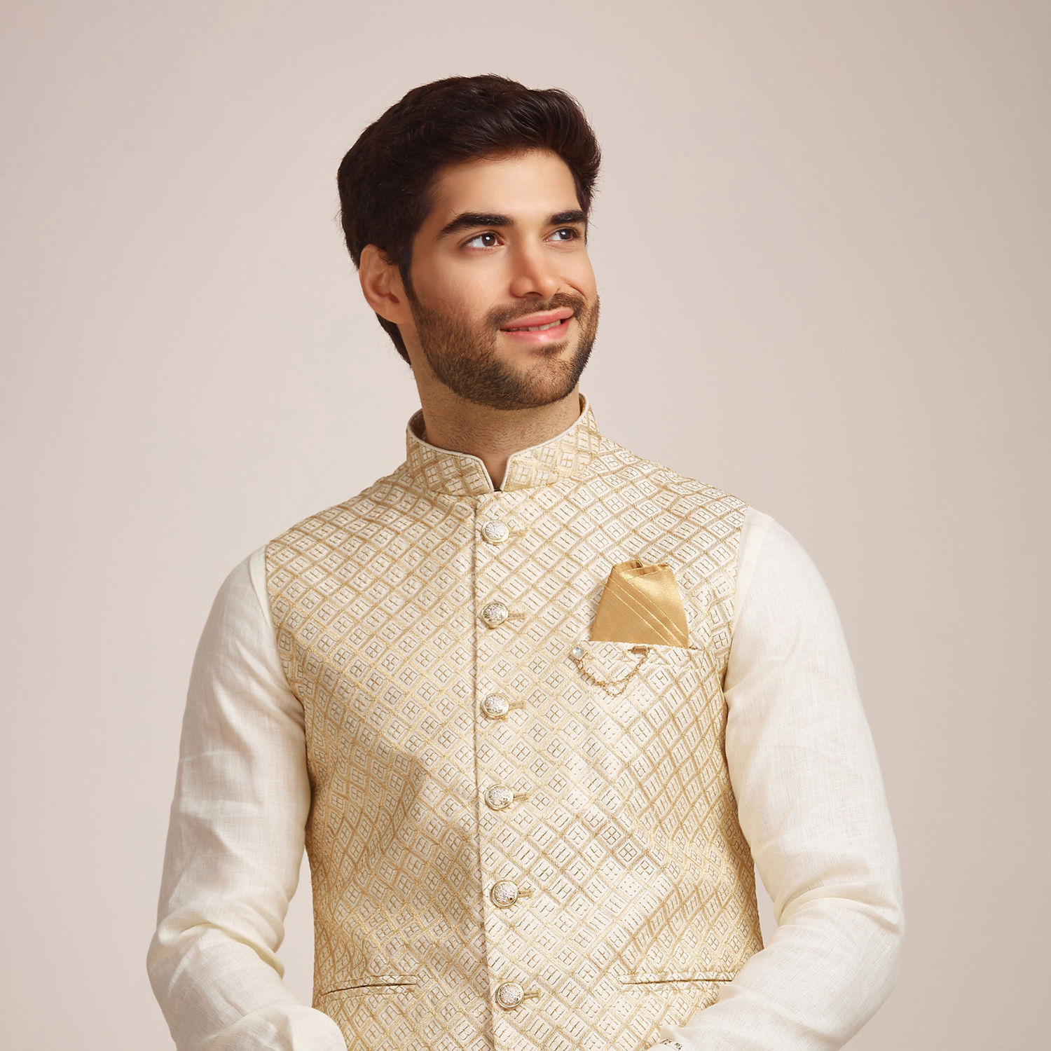 Readymade Cream Kurta Pyjama With Blue Jacket