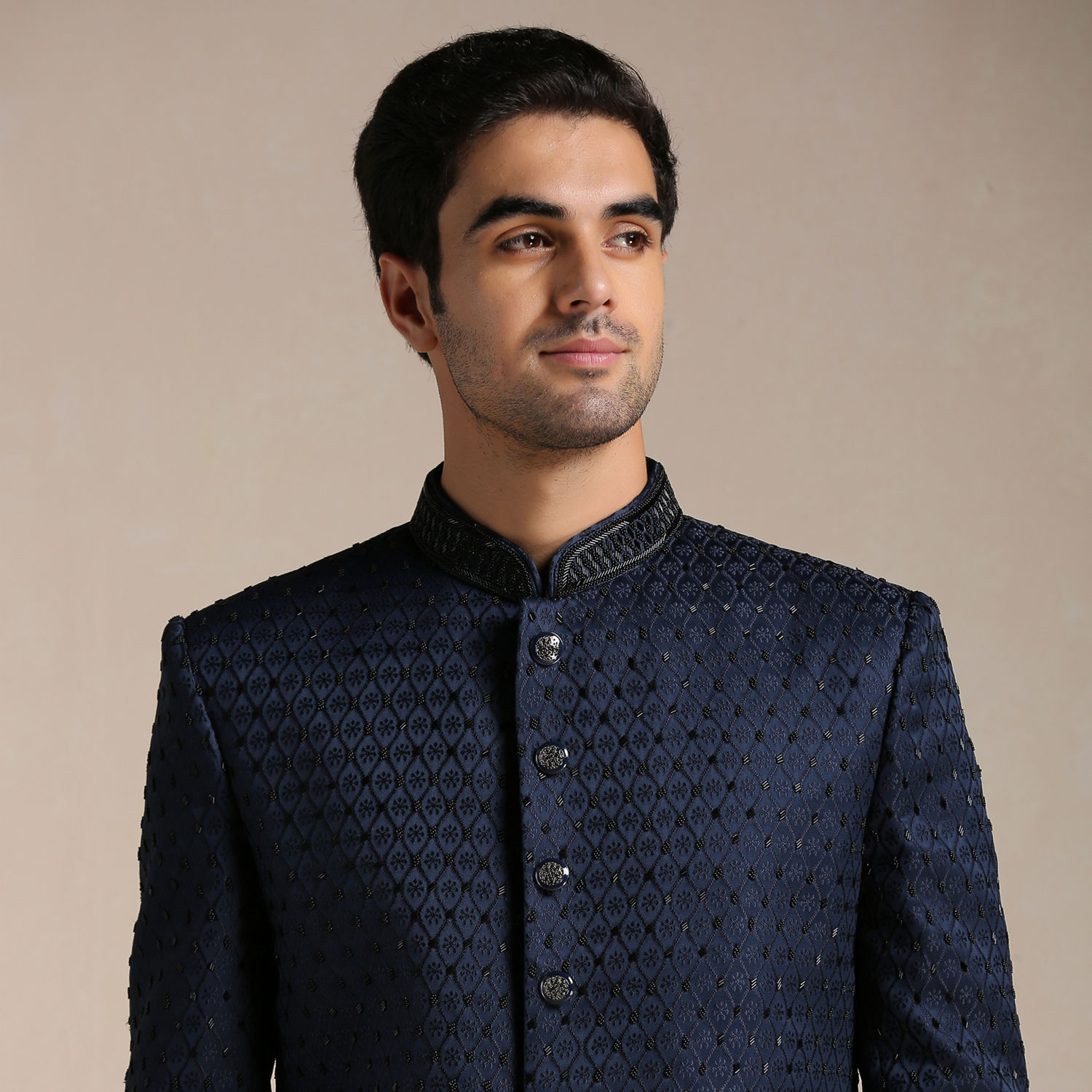 Indo Western for Men - Buy Sapphire Blue Jaal Patterned Achkan Style ...