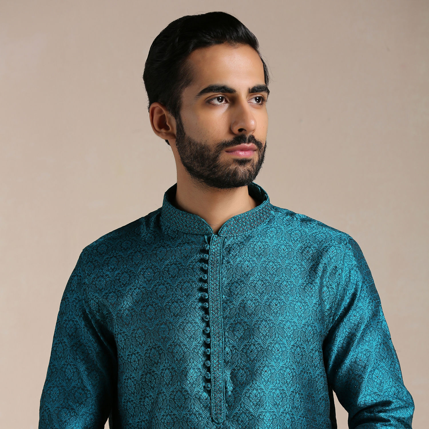 Kurta Pajama for Men - Buy Peacock Blue Jacquard Patterned Kurta Set ...