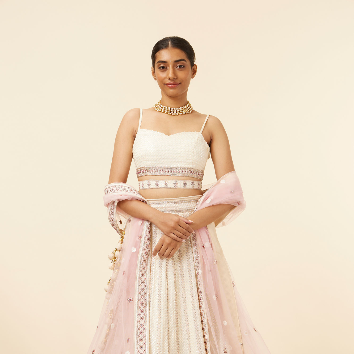 Buy Natural Fawn Lattice Patterned Mirrored Bridal Lehenga Online in the  USA @Mohey - Mohey for Women