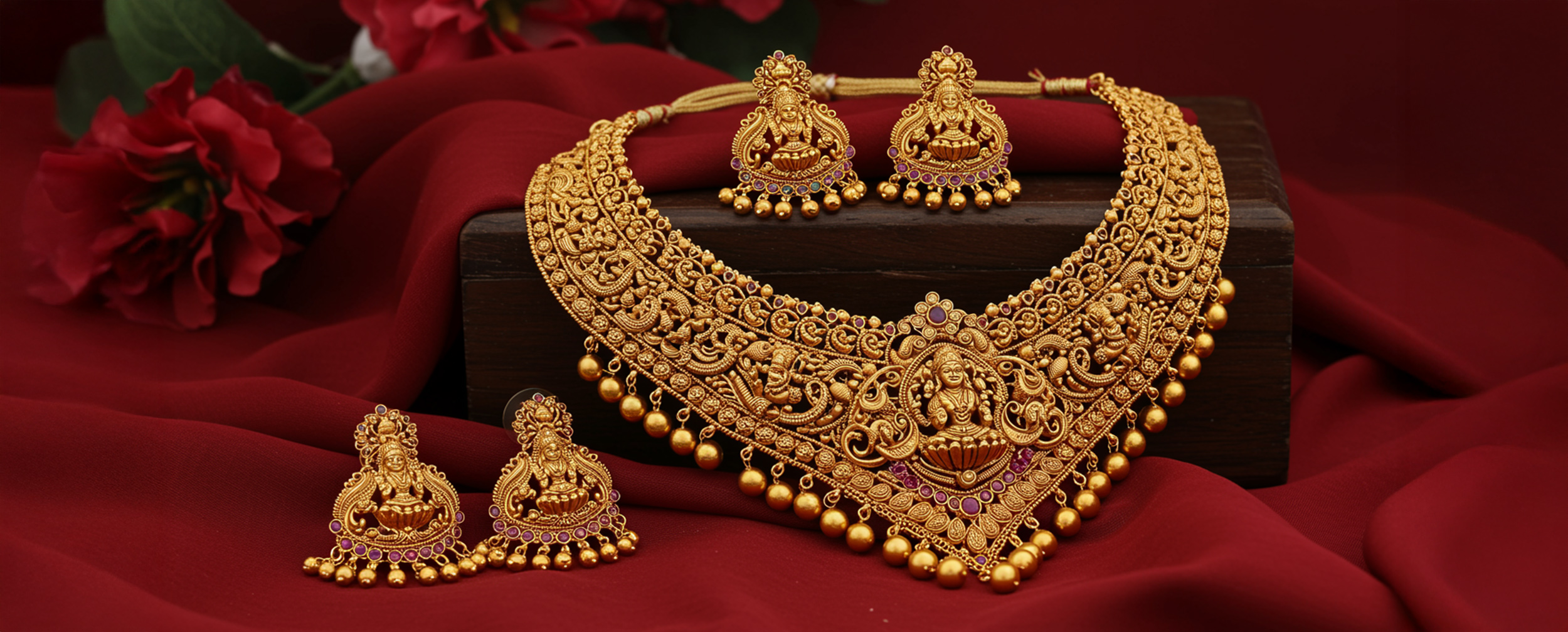 Elegant traditional gold necklace paired with matching gold earrings, a perfect jewelry set for bridesmaids