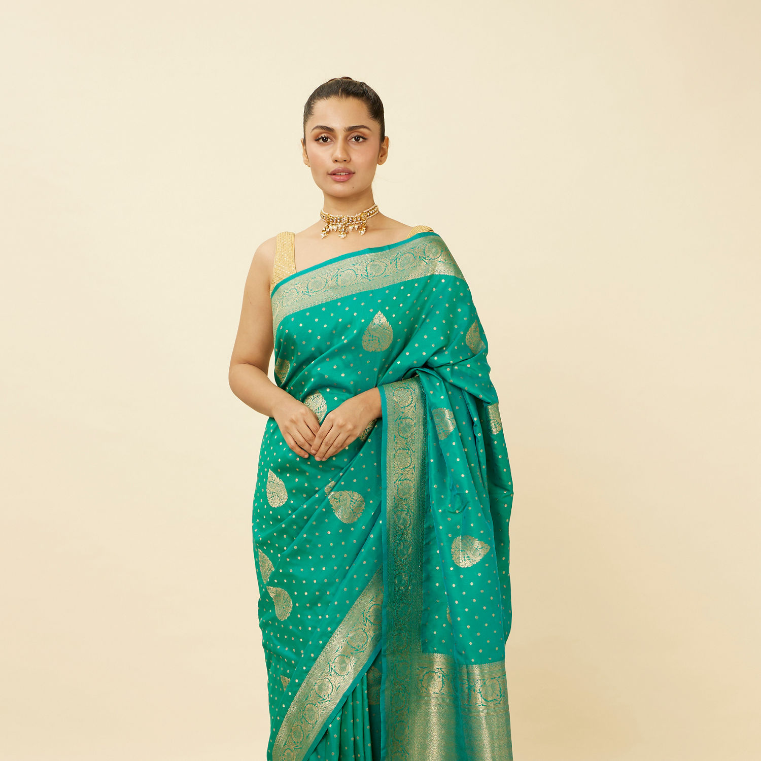 167697: Green color family Bridal Wedding Sarees,Party Wear Sarees with  matching unstitched blouse.