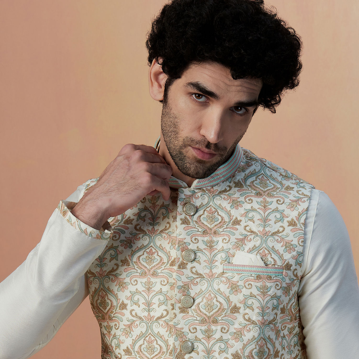 Buy Light Cream Self Design Kurta Jacket Set Online in India @Manyavar ...