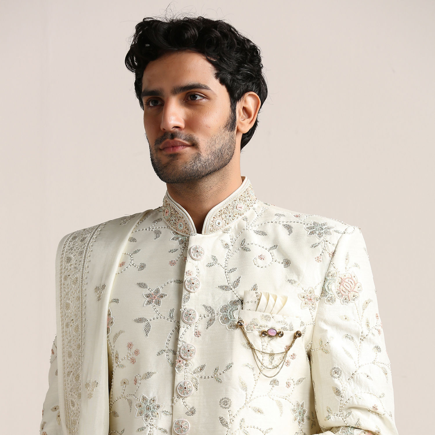 Sherwani for Men - Buy Pearl White Floral Patterned Sherwani Online @Twamev