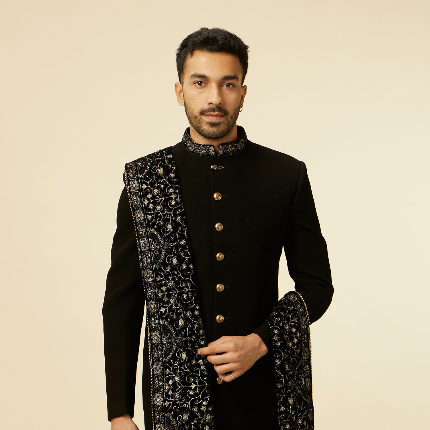 Buy Classic Black Achkan Style Sherwani Set Online in India @Manyavar ...