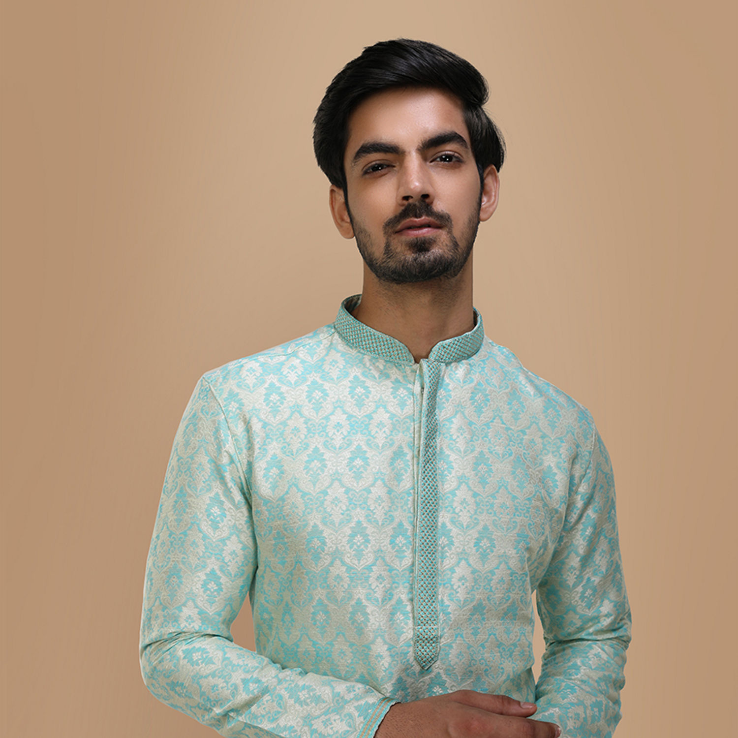 Buy Sky Blue Jacquard Kurta Set Online in the USA @Manyavar - Kurta ...