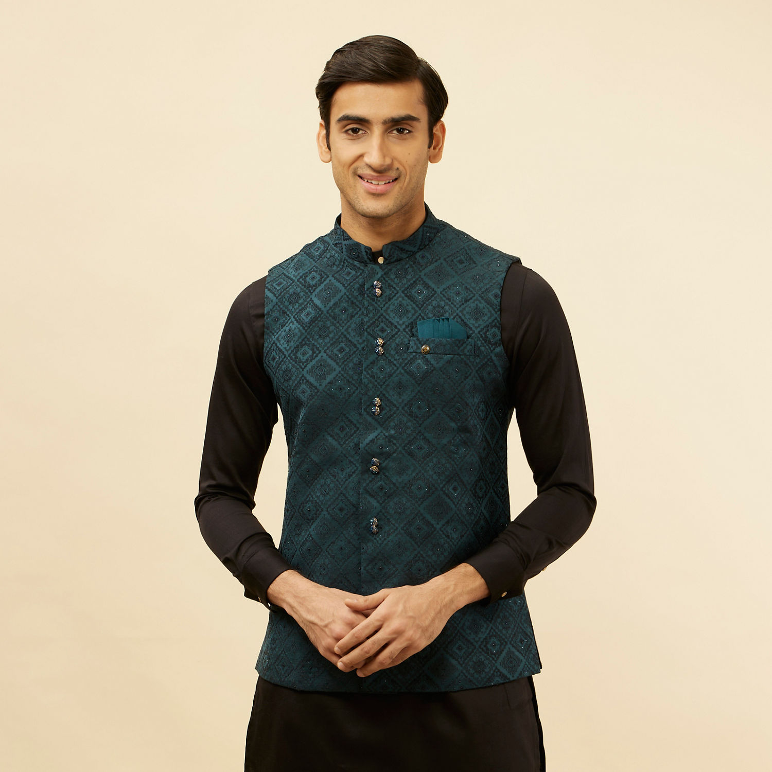 Buy Imperial Blue Grid Patterned Jacket Online in India @Manyavar ...