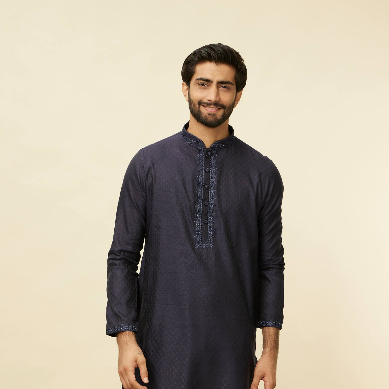 Buy Midnight Blue Embroidered Neckline Kurta Set Online In Australia Manyavar Kurta Pajama