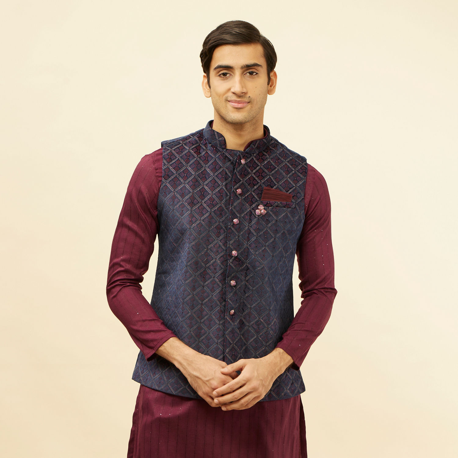 Buy Imperial Blue and Maroon Grid Patterned Kurta Jacket Set Online in ...